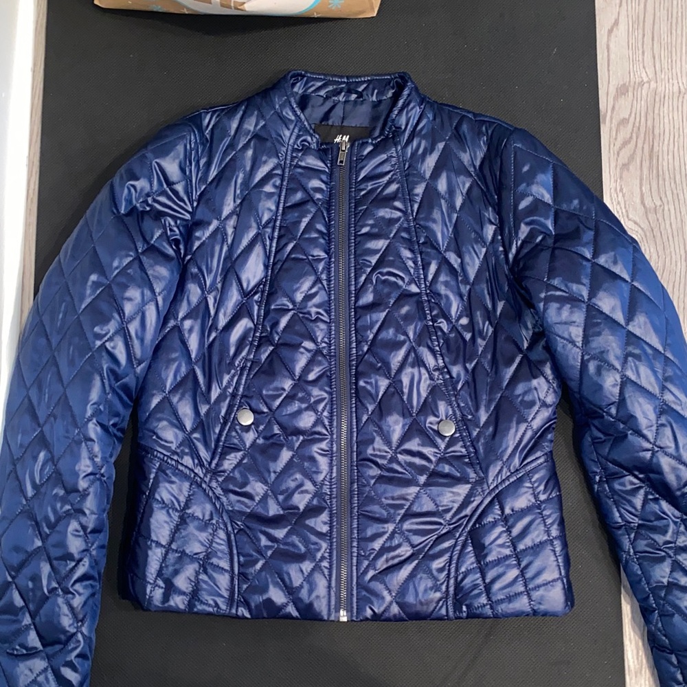 H&M Shiny Navy Quilted Puffer Jacket